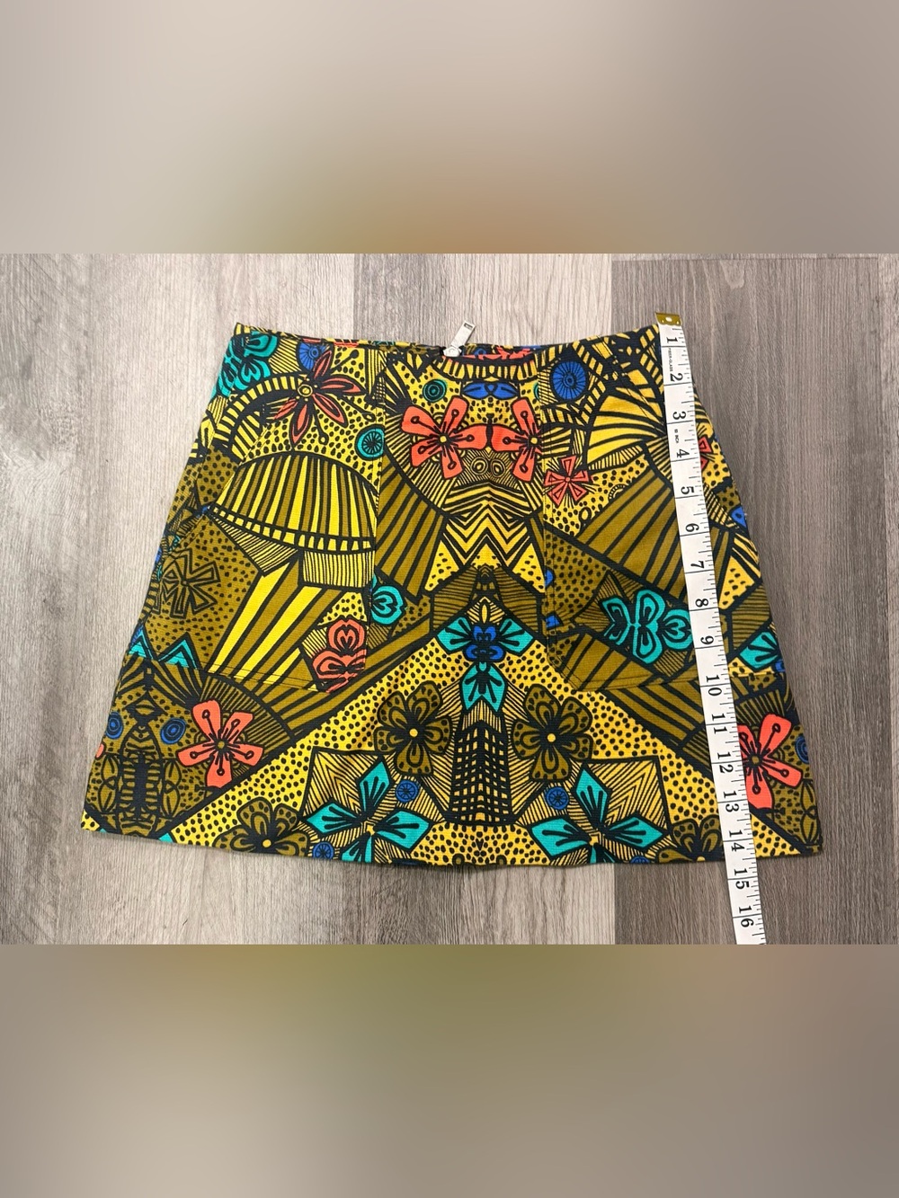 Zara Yellow Patterned A-Line Skirt with Blue and Coral Accents